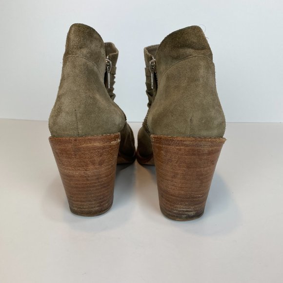 Loeffler Randall Ankle Booties 9 Khaki Green Gray Suede Leather Stacked Heel - Picture 3 of 16